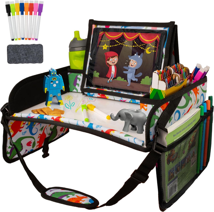 Car Seat Tray for Kids Travel - Black 600D Oxford Lap Desk Organizer with Dry-Erase Surface, Tablet Stand, Snack Holder & Cup Holder - Travel Tray for Kids Car Seat