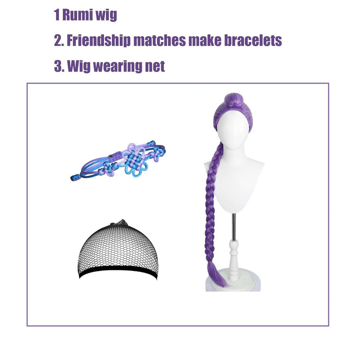 Anime Demon Hunters Costume Rumi Cosplay Wig Rumi Halloween Cosplay Wig Accessory Set (Rumi Purple + Bracelet + Hair Cap)