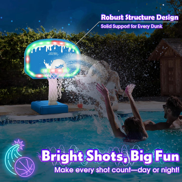 2-In-1 LED Pool Volleyball & Basketball Game Set, Light up Pool Sport Combo Set with 14In LED Rim/4 Glow Balls/2 Base/Pump, Inground Swimming Pool Toy Game for Adults & Family