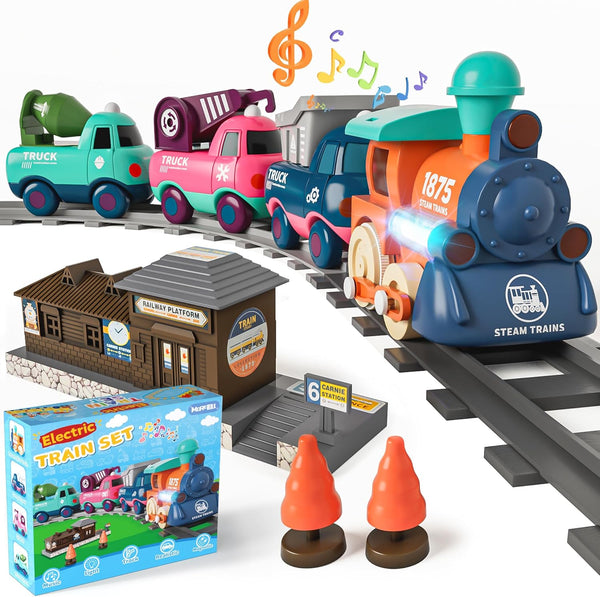 Electric Train Set for Toddlers & Kids W/Music, Lights & Tracks - First Choo Choo Train, Magnetic Connection, Birthday Gifts for Boys and Girls