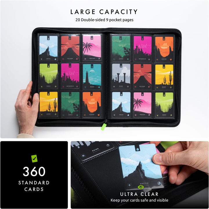 9 Pocket Trading Card Zip Binder, 360 Cards, Premium Exo-Tec Album Material, 20 Side-Loading Pages, Folder for Collectible Games, Sports, TCG (Black)