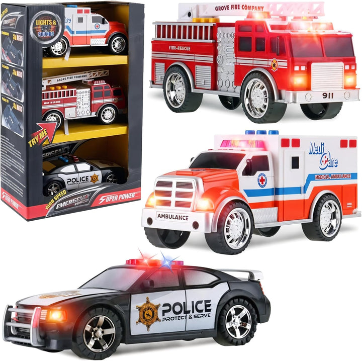 3-In-1 True Hero Emergency Rescue Vehicles Kids Toy Cars Playset - Ambulance, Fire Truck and Police Car with 3-Button LED Light and Sound Effects