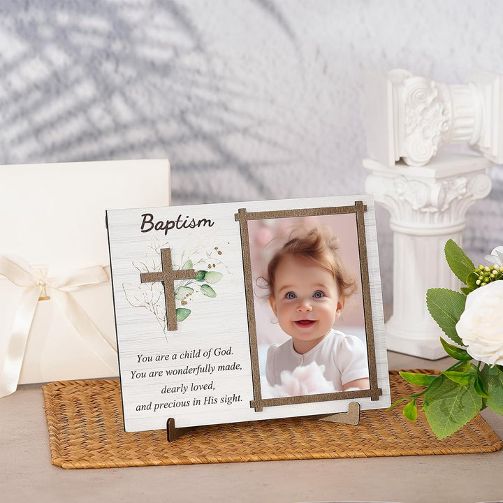 Baptism Photo Frame with Gift Box 4 X 6 Inch Baptism Wooden Picture Frame Catholic Keepsake Gifts for Girl Boy Baby Shower Godchild New Baby Religious Christening Party Favors(Leaf)