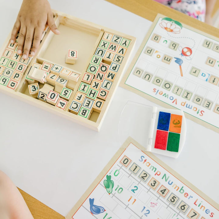 Deluxe Letters and Numbers Wooden Stamp Set Abcs 123S with Activity Book, 4-Color Stamp Pad - FSC Certified