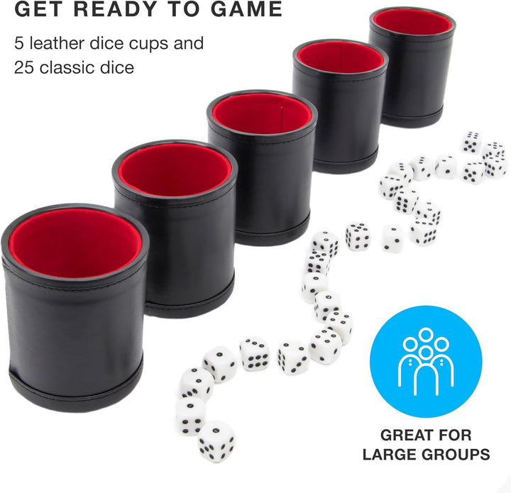 Dice Set with Dice Shaker Cup - Perfect for Casino Dice Game for Family Leather - Poker Dice Shaker - 5 Red Lined Dice Cups and 25 Dice Sets