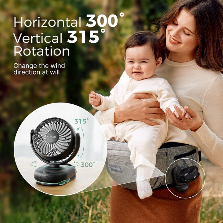 Portable Fan with Clip | 4-Speed Mini-Fan for Carrier | Personal Fans Ultra Lighter 0.26Lb | Gaps ≤4.5Mm | Handheld Cooling | Rechargeable Rotate for Diaper Backpack/Stroller/Carrier/Chair