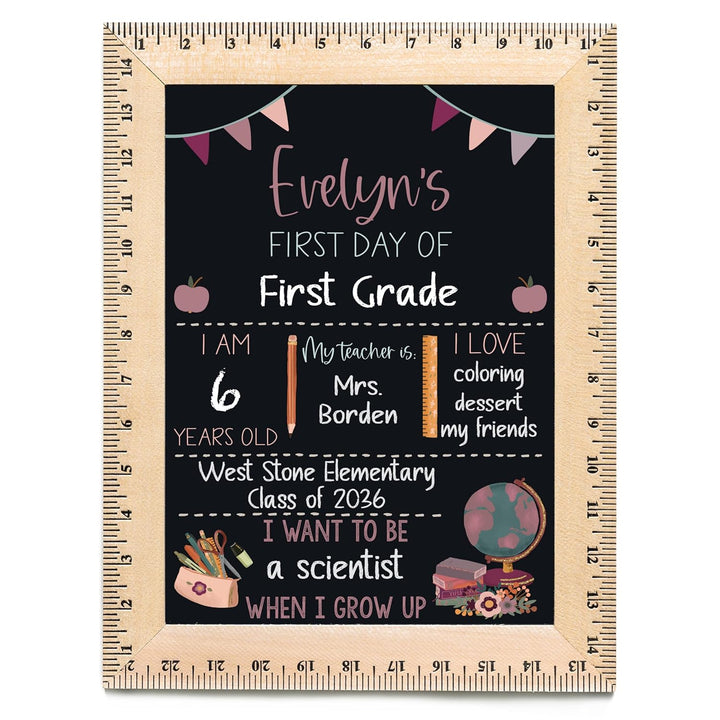 Bloom Owl First Day of School Chalkboard Sign - 11.5"X15" Reusable Back to School Photo Prop with Wooden Ruler Frame for Preschool, Kindergarten, and Beyond