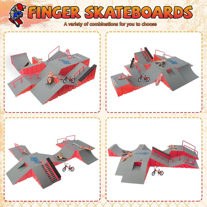 Finger Skateboard Park Kits,14 in 1 Skateboard Finger Toys with 8 Finger Skateboards & 14 Skatepark Deck Ramp,Finger Bike for Boys or Girls Gift,Mini Finger Skateboards Ramp Accessories Set