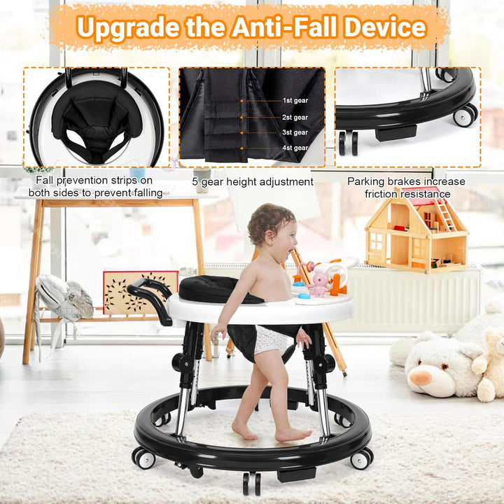 Music and Lights Baby Walker Foldable with 9 Adjustable Heights, Baby Walker with Wheels Portable, Infant Toddler Walker for Baby Boy Girls 6-18 Months