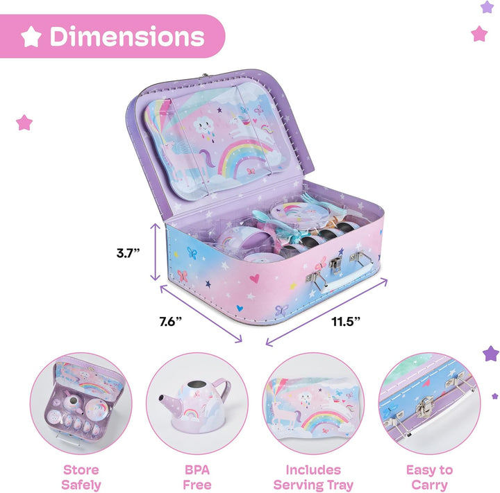 Tea Party Set - 15-Piece Toddler Tea Set with Unicorn Design for Kids - Includes Teapot, Cups, Saucers, Plates and Carrying Case for Imaginative Play and Storage