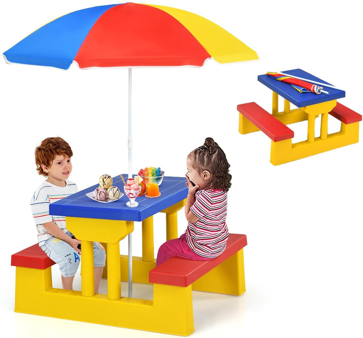 Kids Picnic Table, Toddler Picnic Table with Removable & Foldable Umbrella, Plastic Children Patio Furniture for Garden Backyard, Kids Outdoor Table, Red, Blue & Green