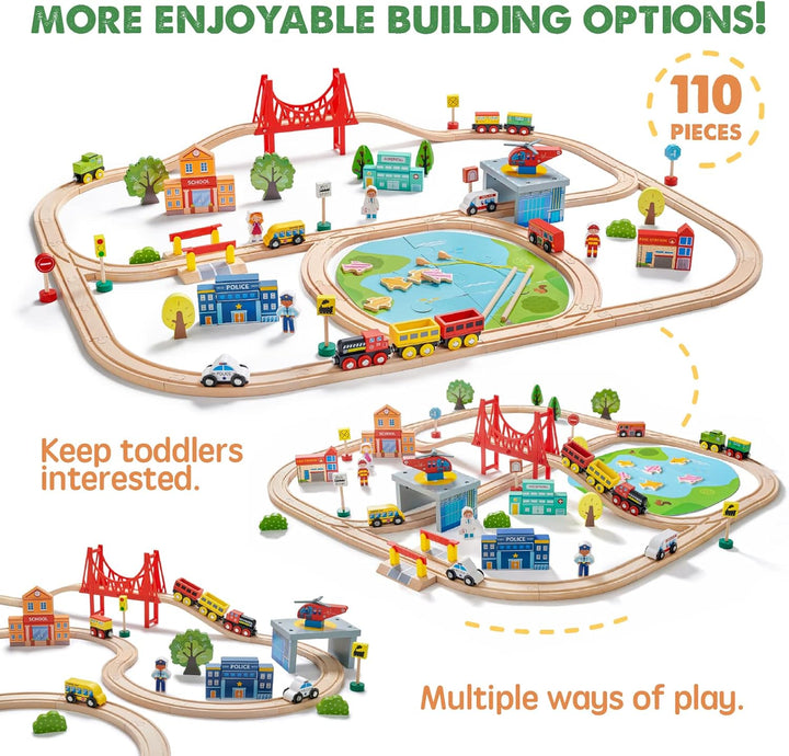 110PCS Wooden Train Set – Toy Train with Tracks for Kids Ages 3-7, Compatible with Major Brands, Ideal Railway Playset for Boys and Girls, Great Birthday