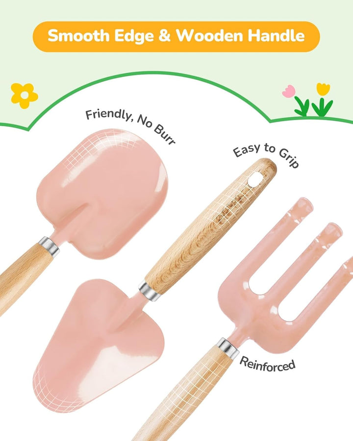 Kids Gardening Set Toys, Quality Garden Tool Kit for Kids and Toddlers, Includes Two Shovels, Garden Hat,Rake, Apron,Gloves, Watering Can, and Tool Bag (Pink)