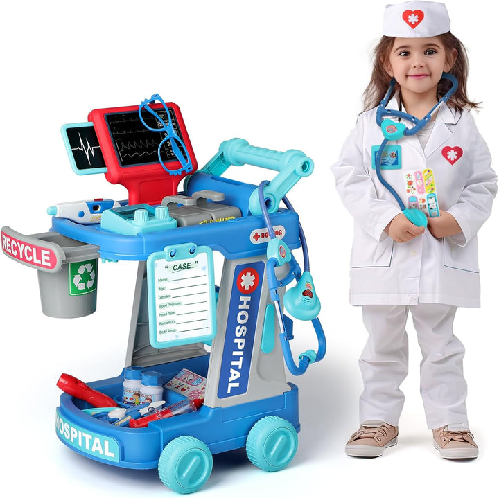 Doctor Kit for Toddlers Aged 2 3 4 5, Pretend Doctor Play Set for Kids with Cart, Costume and Stethoscope, Role Play Medical Toys for Girls Boys(Pink)
