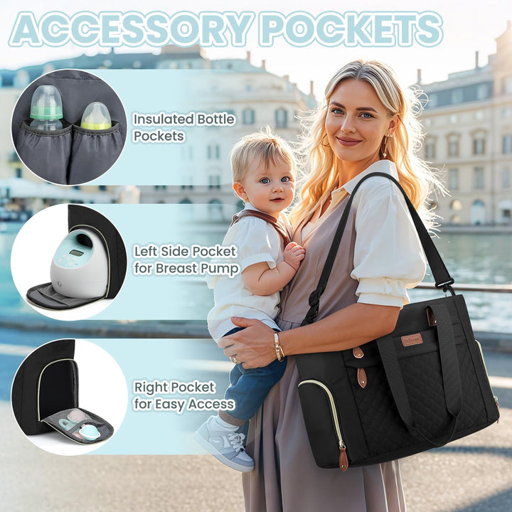 Diaper Bag Tote for Working Mom, Large Travel Diaper Tote for Mom and Dad with 15 Inch Laptop Sleeve, Mommy Maternity Travel Baby Bag for Boys and Girls, Black