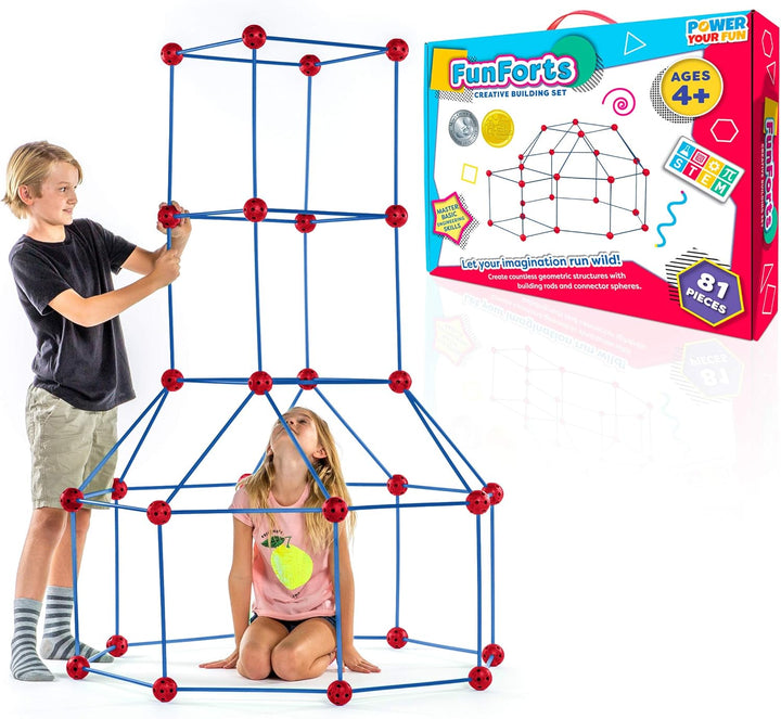 Fun Forts Glow Fort Building Kit for Kids - 81 Pack Glow in the Dark STEM Building Toys Indoor Outdoor Play Tent for Kids Construction Toys with 53 Rods and 28 Spheres