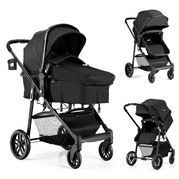 Baby Stroller, 2 in 1 Convertible Carriage Bassinet to Stroller, Pushchair with Foot Cover, Cup Holder, Large Storage Space, Wheels Suspension, 5-Point Harness (Gray)