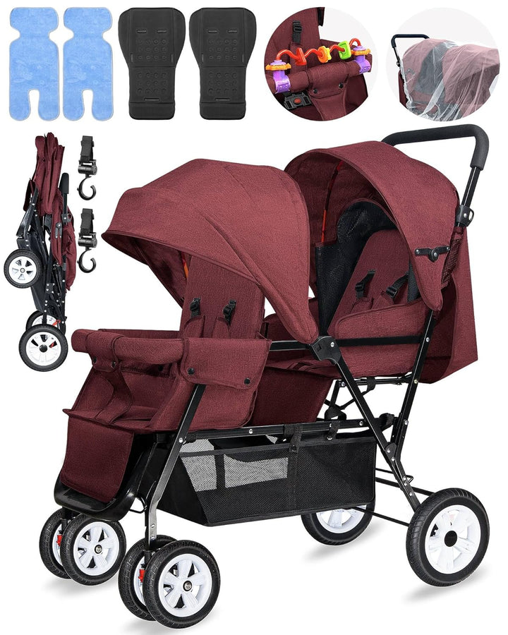 Double Stroller for Infant Toddler, Foldable Double Baby Stroller with Tandem Seating and Adjustable Backrest - Extra Gift Toys/Mosquito Net/Sleeping Mats/ 2 Hooks/ 2 Cotton Pads（Grey）