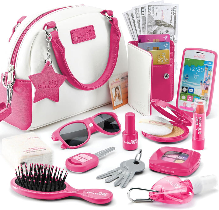 Little Girls Purse with Accessories and Pretend Makeup for Toddlers - My First Purse Set Includes Handbag, Phone, Wallet, Play Makeup and More Pretend Play Toys for Girl Age 3 +