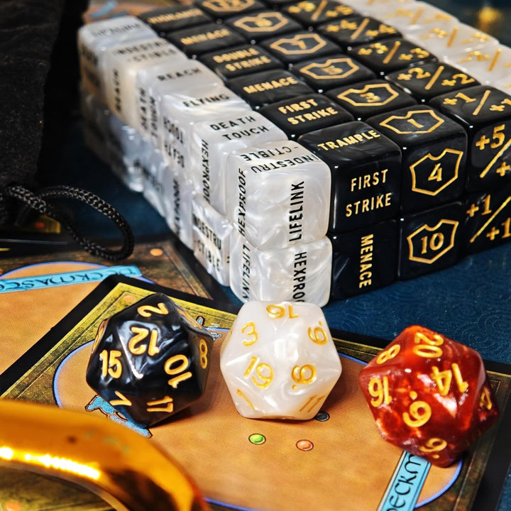 63 PCS MTG Counter Dice Set - Abilitykeyword Counters, -1/+1 Life Counter, Shield Life Counter Dice, Creature Stat Buffs, Marble Colour D6 Cube Dice, for MTG, TCG, Card Games (Includes Black Bag)
