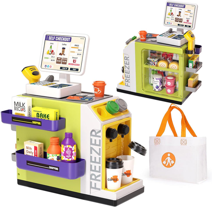 48-Piece Pretend Play Cash Register Toy Set for Kids with Water Outlet Function - Calculator, Shopping Bag, Scanners, Coffee Machine, Play Food - Gift for Boys and Girls Ages 3+（Pink）