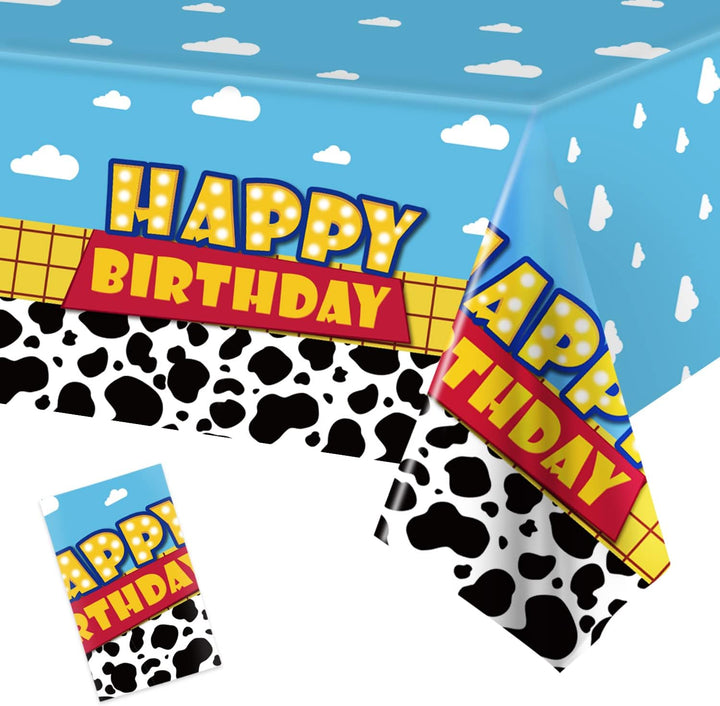 3 Pack Cartoon Story Birthday Party Supplies Cow Pattern Printed Table Cover Blue Sky and White Cloud Tablecloths Cow Birthday Party Decoration for Boy Girl Kid Birthday Party Decor 54 X 108 Inch