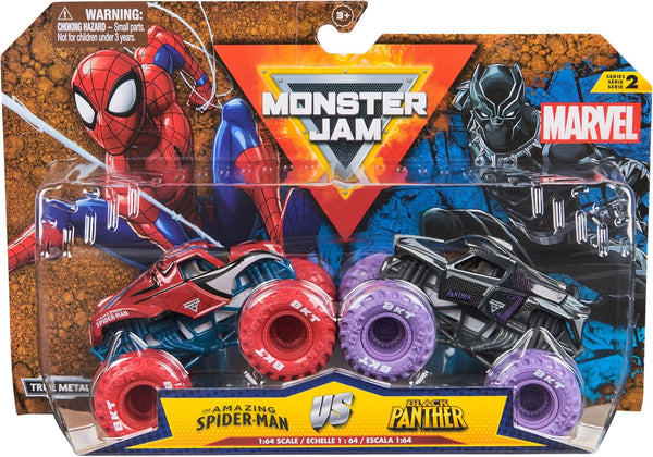, Marvel Official Spider-Man Vs. Black Panther Die-Cast Monster Trucks, 1:64 Scale, Kids Toys for Boys and Girls Ages 3 and Up