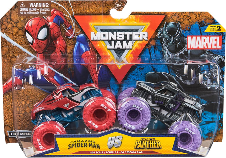 , Marvel Official Spider-Man Vs. Black Panther Die-Cast Monster Trucks, 1:64 Scale, Kids Toys for Boys and Girls Ages 3 and Up