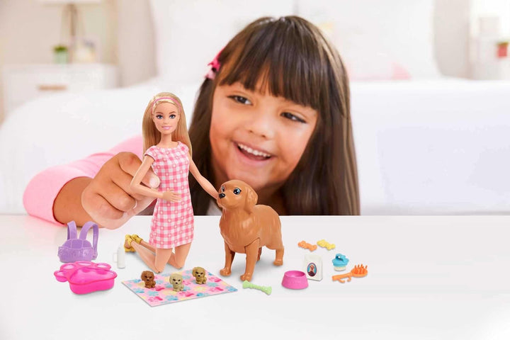 Doll & Pets Set, Blonde with Mommy Dog, 3 Newborn Puppies with Color-Change Feature & Pet Accessories