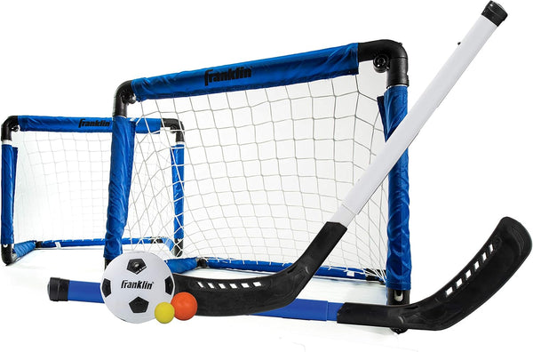 Indoor Mini Goal Sports Set - 3 in 1 Kids Indoor Goal Set - Indoor Mini Floor Hockey, Knee Hockey, and Mini Soccer Set for Kids, Blue, 22 X 17.5-Inch