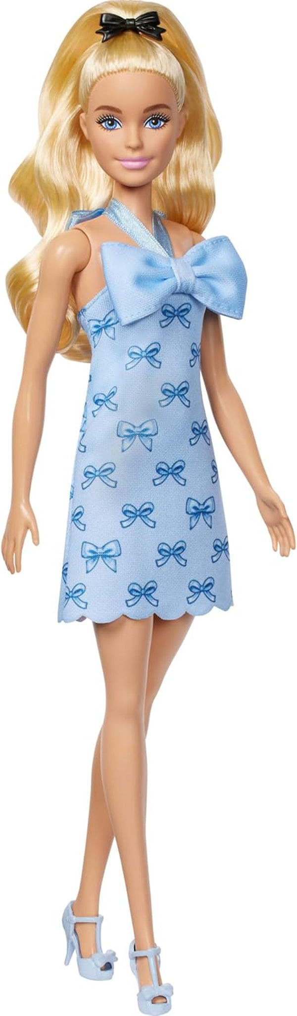 Fashionistas Doll #237 with Wavy Blonde Ponytail Wearing Blue Bow Halter Dress, Black Hair Bow Accessory and Matching Blue Heels