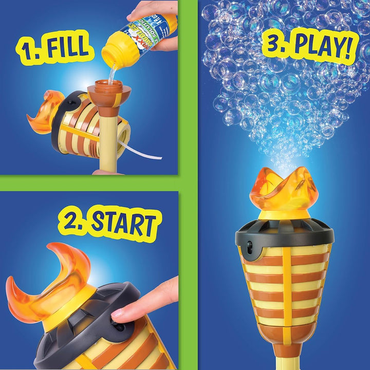 Tiki Torch Bubbler - Bubble Machine with Lights and Music, Bubble Blower and Wand, Rechargable Outdoor Toy for Kids Teens Adults, 4 Feet Tall, Includes 4Oz Bubble Solution