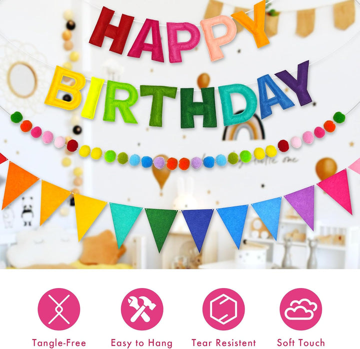 Rainbow 3D Happy Birthday Banner, Felt Garland, Triangle Pennants, Reusable Party Decorations
