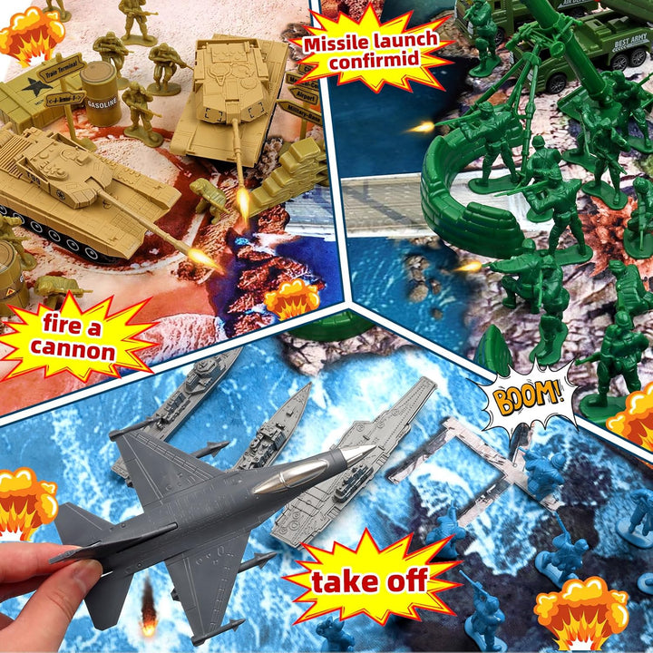 Army Men Action Figures, Army Toys for Boys Age 4-7 6-8 8-12, Toy Soldiers Playset Including Military Action Figures, Battle Mat & Weapon Gear Accessories, Green Army Guys Toys for Kids