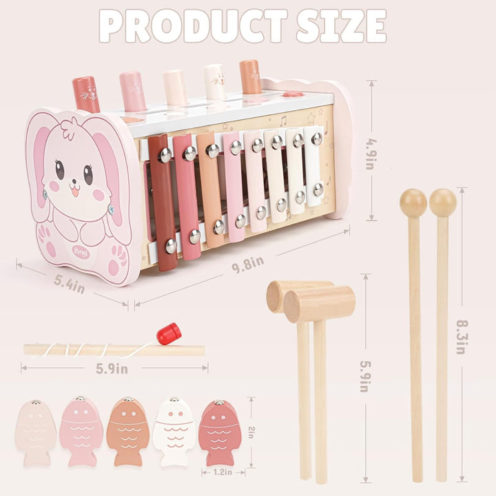 Montessori Toys for 1 Year Old Girl Gift - Pink Wooden Hammering Pounding Toy with Xylophone & Fishing Game - Toddler Learning Activities for Kids 1+ 2 3 Year Old Christmas Birthday Gifts