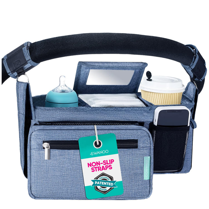 Stroller Caddy Organizer with Cup Holder, Non Slip Straps Bag for Phone, Pet Stroller Accessories, Universal Fits Uppababby Vista V2 Wonderfold Wagon, Doona and More