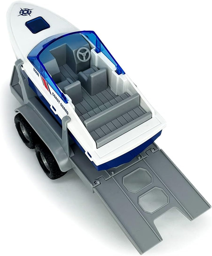 Large ATV Toy with Trailer Speedboat Tow Truck Flatbed Transport Police Motorcycle Toy Vehicle 2 in 1 Playset, Light Sound, Toys Trucks for Boys 3 4 5 6 7 Years Old Kids Toddlers Birthday Gifts, Blue