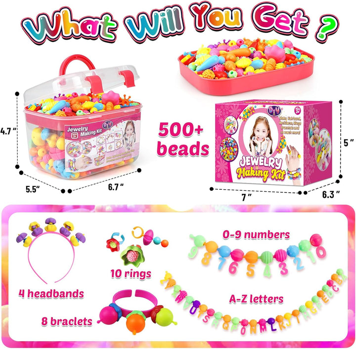 520+ Snap Pop Beads - Jewelry Making Kit, Arts and Crafts for Kids Ages 4-8, Toys for 3 4 5 6 Years Old Girls Birthday Gifts Ideas, Bracelet Necklace Ring Snap Set for Little Girls