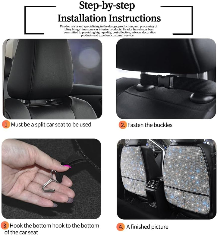 Bling Crystal Car Seat Back Kick Protectors with Storage, Sparkly Diamond Kick Mats, Universal Seat Protector for SUV and Automotive Crystal Auto Accessories for Women White 2Pcs