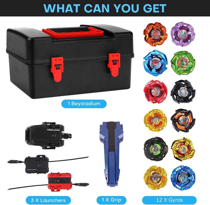 X Battling Set, 12 Spinning Tops, 3 Launchers and 1 Grip with Storage Box, Kids Toys Birthday Gift Ideal for 6+ Years Old Boys