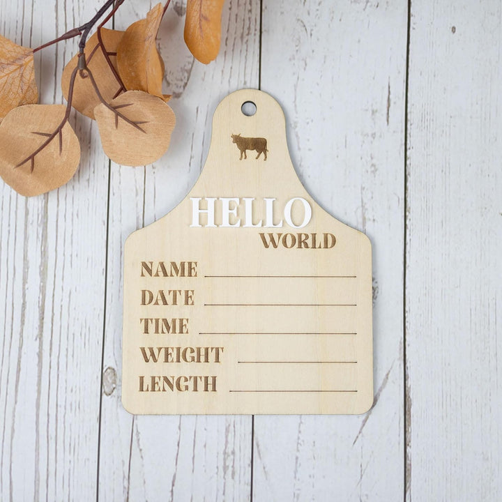 Baby Announcement Sign 6.5 Inch Wooden Hello World Newborn Welcome Sign Birth Baby Name Plaques for Photo Props Baby Shower Hospital Nursery (BOW CUT)