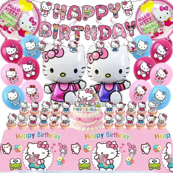 49Pcs - Kitty Birthday Party Decorations Set, Pink Theme with Banner, Balloons, Tablecloth, Cake Toppers.
