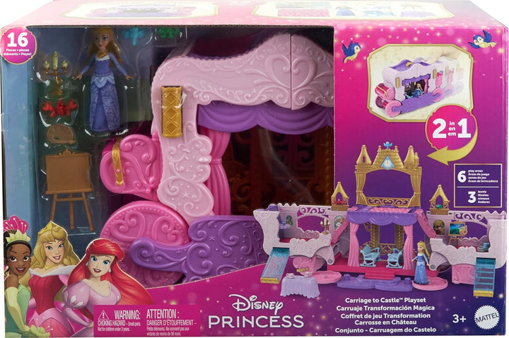 Disney Princess Toys, Carriage to Castle Transforming Playset with Aurora Small Doll, 4 Figures, Furniture & Accessories