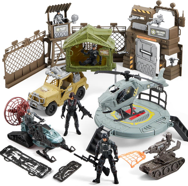Military Toy Set with Army Base, Vehicles, Action Figures & Weapon Accessories, Helicopter with Light & Sound - Christmas Birthday Gift for Kids Boys Girls