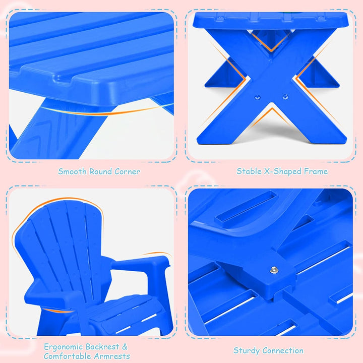 Kids Table and Chair Set, Outdoor Toddler Activity Table and Adirondack Chairs for Picnic, Garden, Patio, Backyard & Beach, Kids Outdoor Table and Chair Set (Blue)