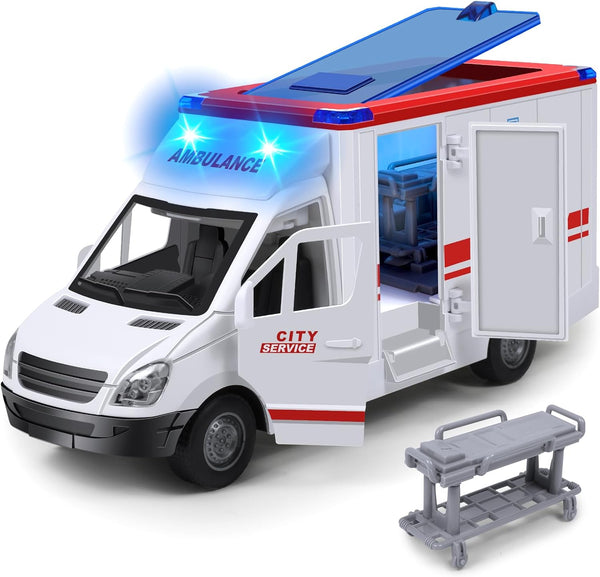 Toy Ambulance Boys Age 3-5 with 4 Different Flashing Lights & Sound, Back and Side Doors Open Friction-Powered Wheels Light up Toy Hospital Sets Buses Birthday Gift 3 4 Year Old and up Girl Boy Toys