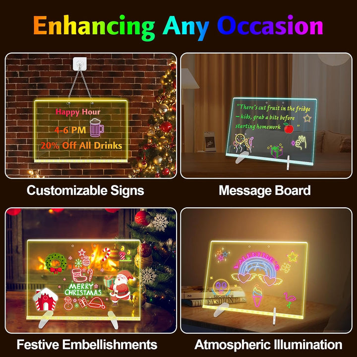 LED Note Board with Colors, 13.8"X10" 4 Modes & 7 Colors Led Acrylic Message Board with Light, Light up Acrylic Dry Erase Board, Led Drawing Board with Stand, Hanging Chain, 7 Markers, Spray Bottle