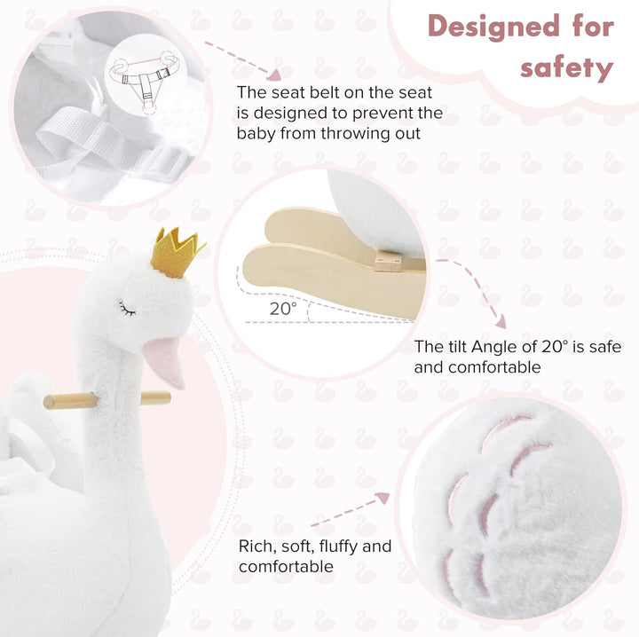 Kids Rocking Horse White Swan, Stuffed Animal Wooden Rocker for Children 6 Months Boys and Girls/Nursery Christmas, Birthday Gift (Rocking Swan)