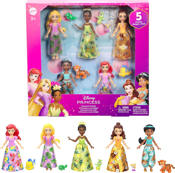 Disney Princess & Friends Set with 5 Posable Small Dolls in Removable Skirts or Pants & 5 Friend Figures, Inspired by the Disney Movies