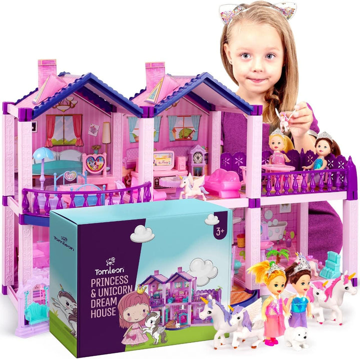 Dollhouse with 4 Princesses, 4 Unicorns, Dog, Furniture and Accessories - Pink and Purple Dream Doll House Toy for Little Girls - 5 Rooms W/Garden, Furniture and Accessories, Gift for Girls Ages 2-7